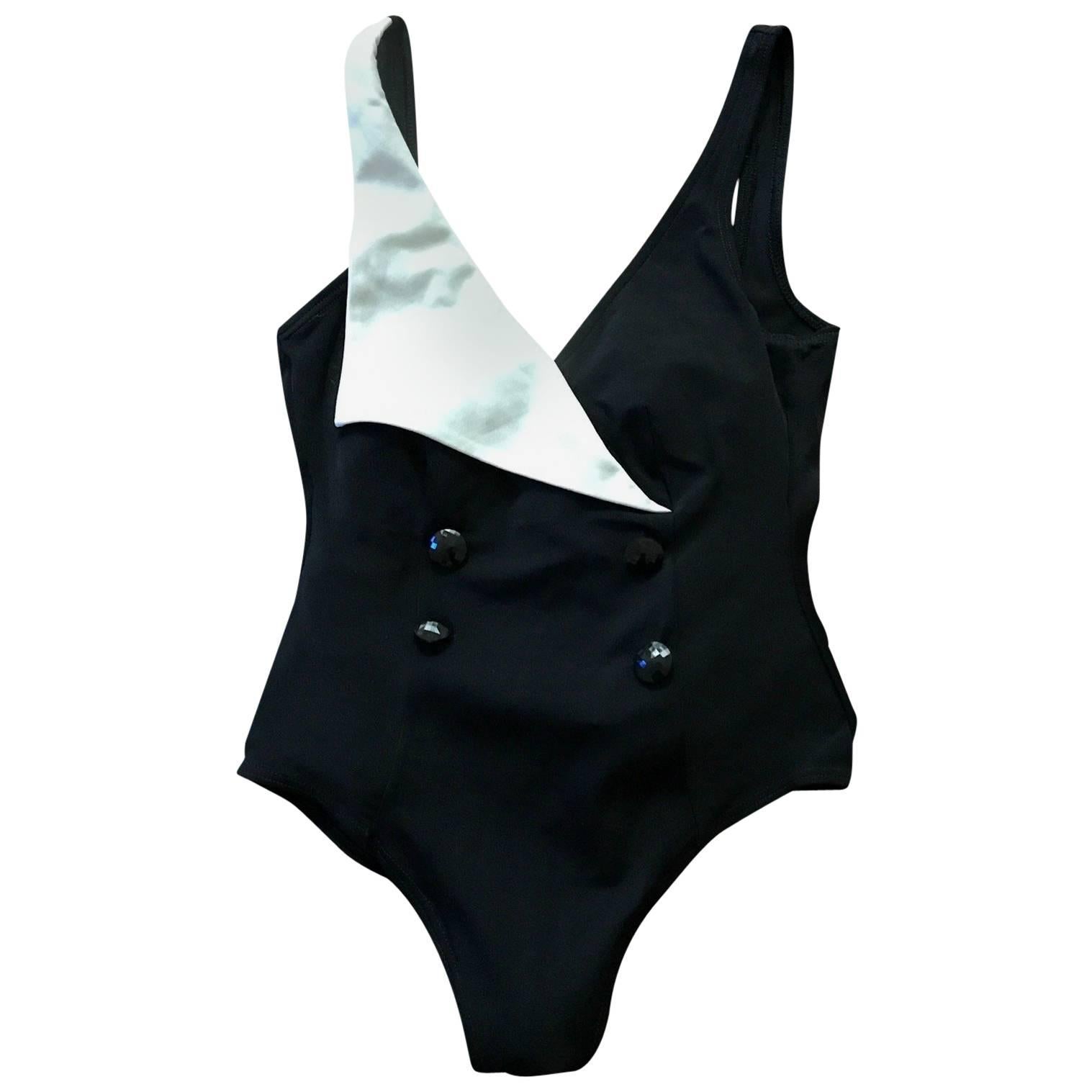Yves Saint Laurent 1980s Tuxedo Inspired Black and White Swimming Suit Bathing