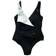 Vintage Yves Saint Laurent 1980s Tuxedo Inspired Black and White Swimming Suit Bathing