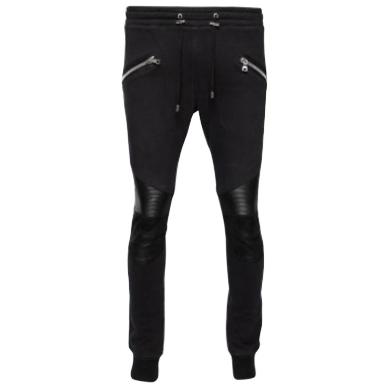 Balmain Black Cotton Rib Paneled Biker Track Pants L For Sale