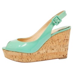 Christian Louboutin Green Patent Leather Peep Toe Wedge Sandals Size 36