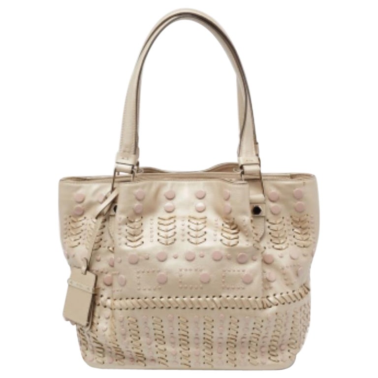 Tod's Metallic Beige Leather Studded Flower Tote For Sale