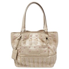 Tod's Metallic Beige Leather Studded Flower Tote
