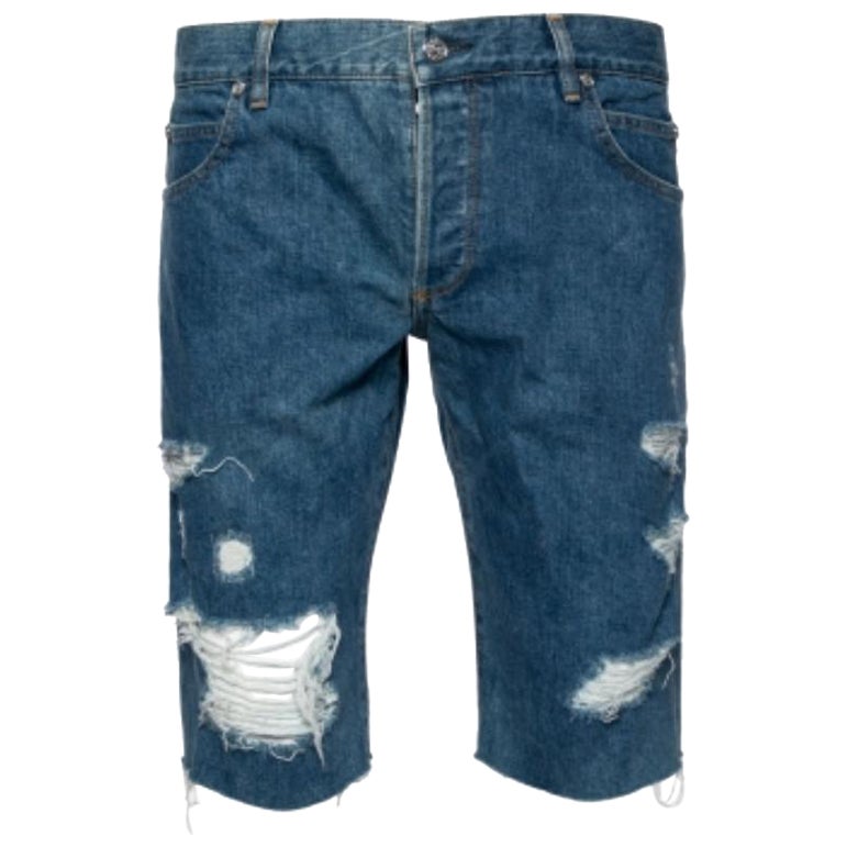 Balmain Blue Distressed Denim Frayed Edge Detail Shorts M For Sale