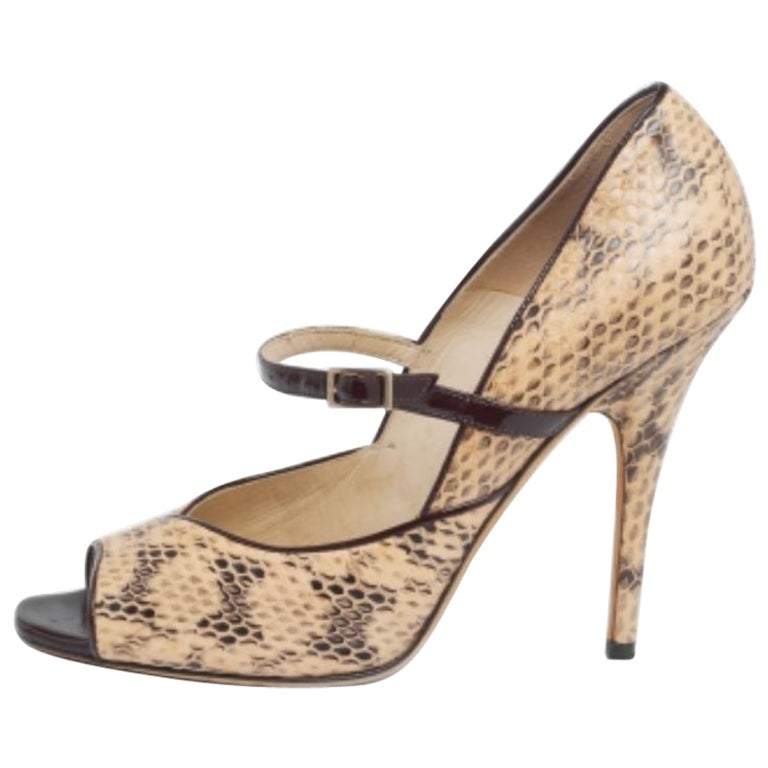 Jimmy Choo Beige/Black Python Leather Mary Jane Peep Toe Pumps Size 38.5 For Sale