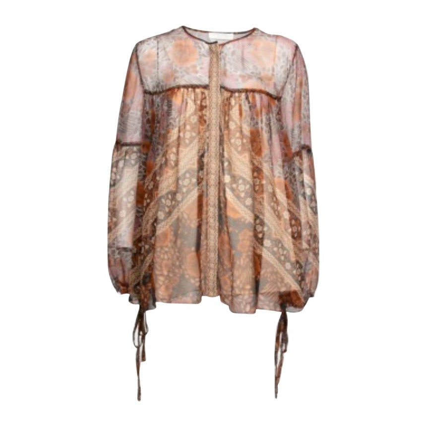Chloe Rust Orange Printed Silk Chiffon Gathered Sleeve Detail Blouse L For Sale