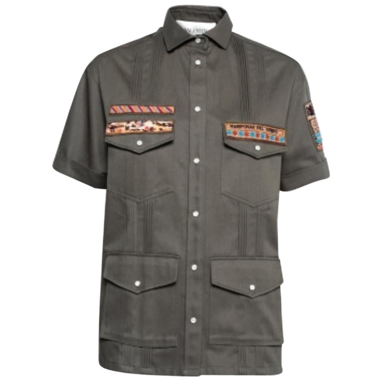 Valentino Olive Green Cotton Patch Detail Button Front Shirt S For Sale