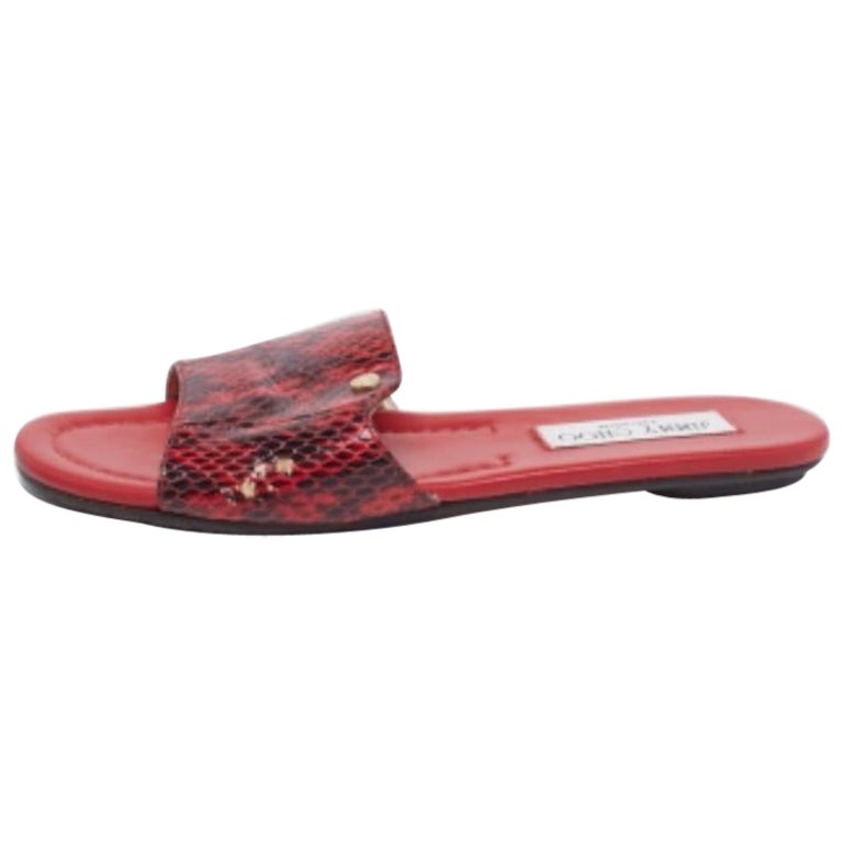 Jimmy Choo Red/Black Python Leather Nanda Flat Slides Size 36 For Sale
