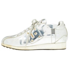 Fendi Metallic Silver Patent Leather Low Top Sneakers Taglia 38