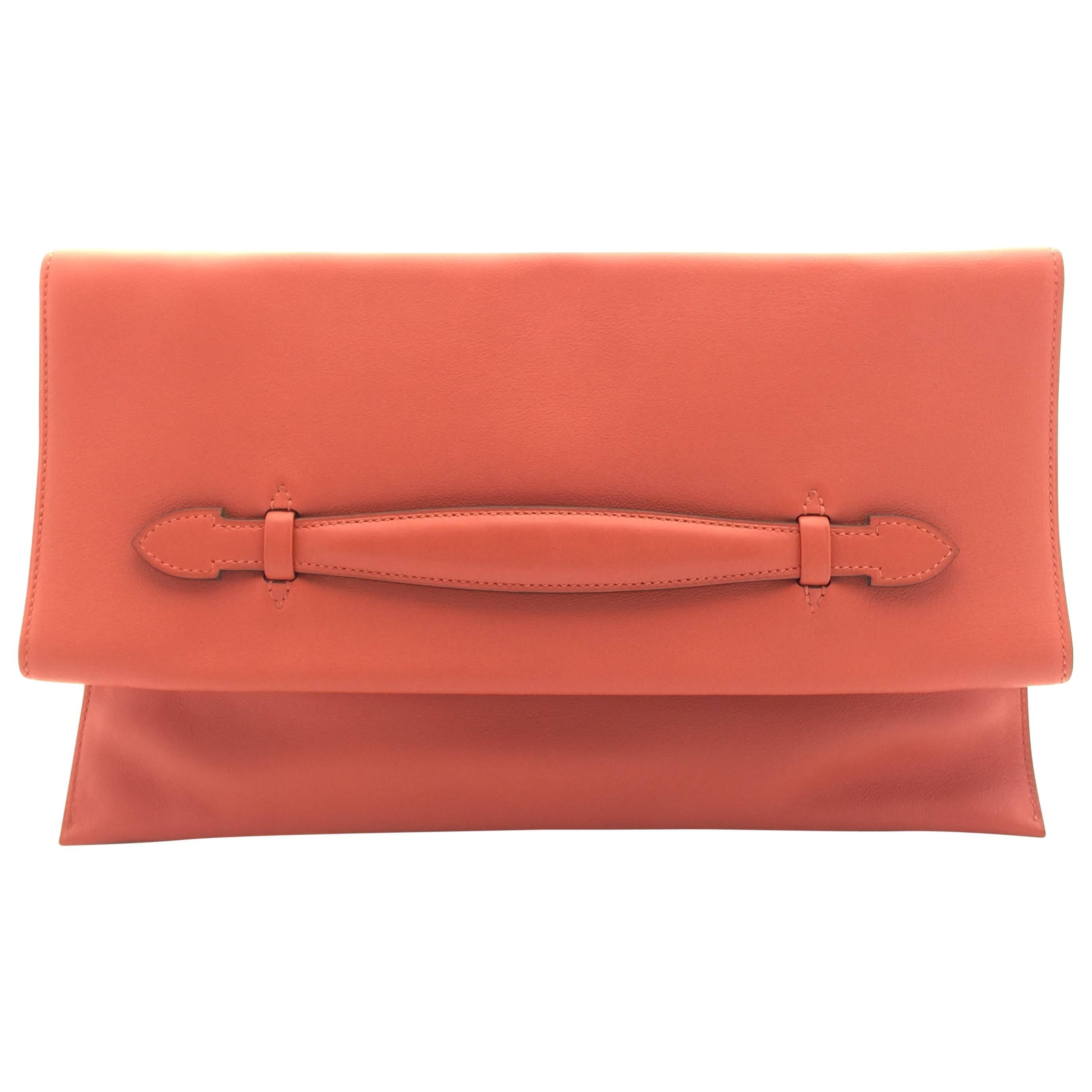 Hermes Pliplat Rouge Pivoine Orange Swift Leather Clutch Bag For Sale