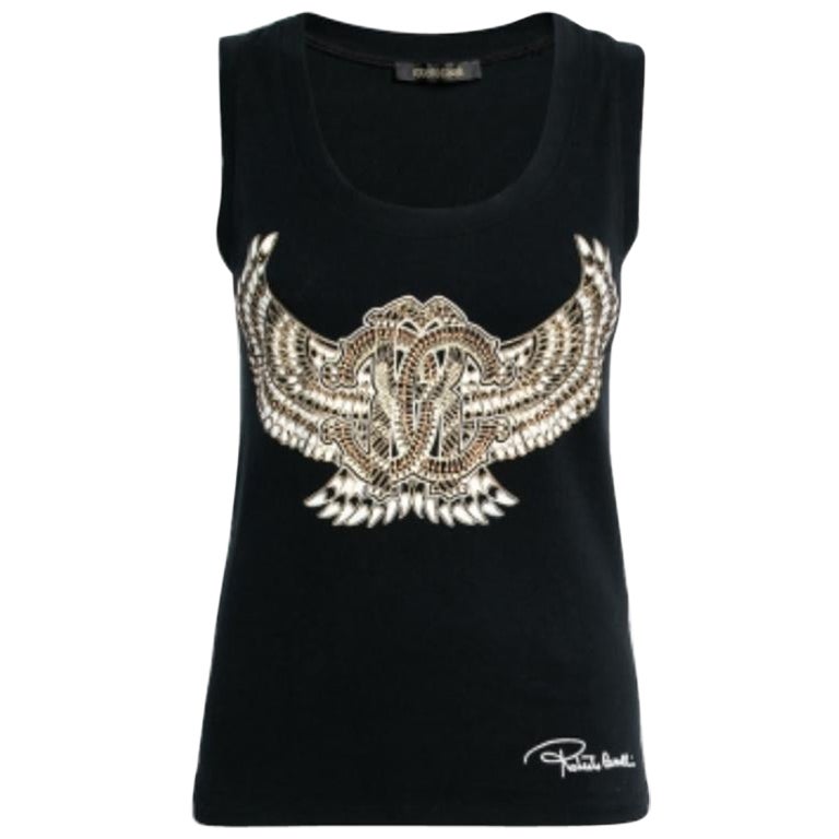 Roberto Cavalli Black Stretch Cotton Printed Tank Top L en vente