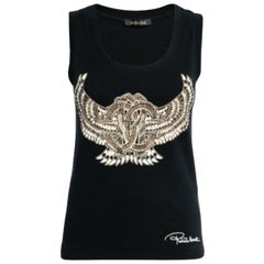 Roberto Cavalli Black Stretch Cotton Printed Tank Top L