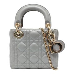 Lady Dior Mini Pearlescent Grey Lambskin Leather Gold Hardware Chain Strap