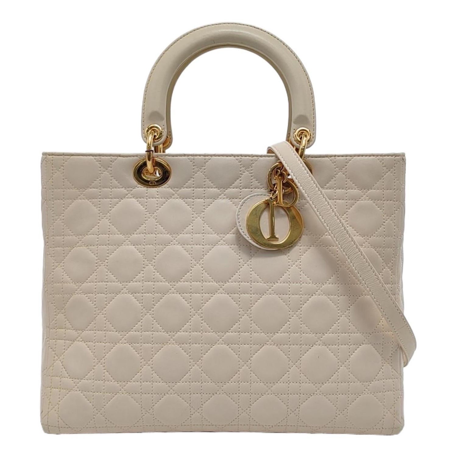 Lady Dior Large Off White Lambskin Cannage Leather Gold Hardware For Sale
