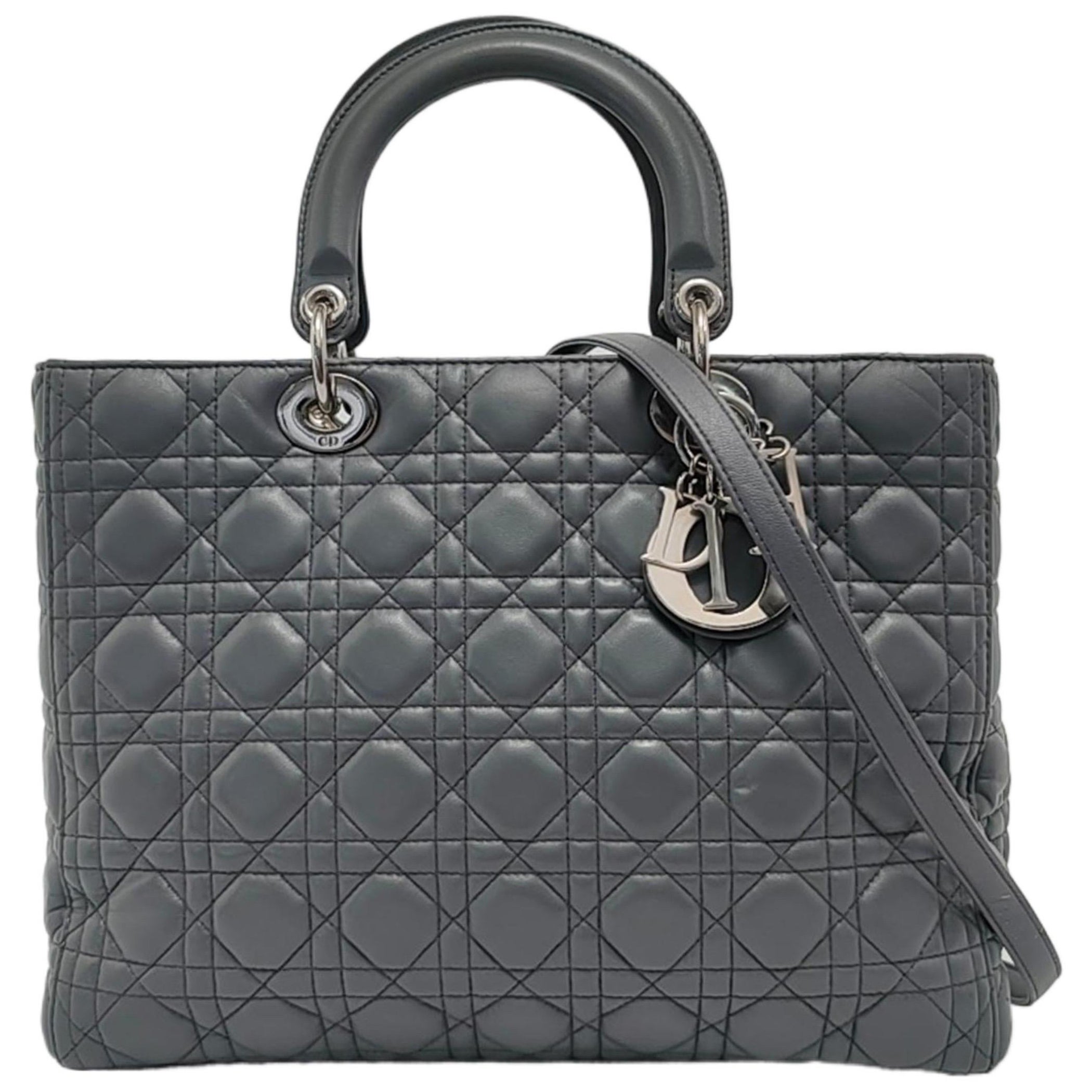 Lady Dior Large Dark Grey Lambskin Cannage Leather Silver Hardware For Sale
