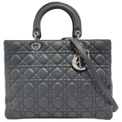 Lady Dior Large Dark Grey Lambskin Cannage Leather Silver Hardware