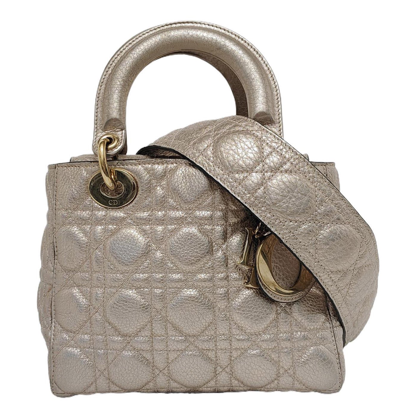 Lady Dior Small Supple Calfskin Leather Gold Cannage Handbag with Strap For Sale