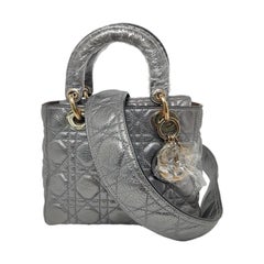 Lady Dior Small Supple Calfskin Leather Metallic Grey Cannage Handbag with Strap