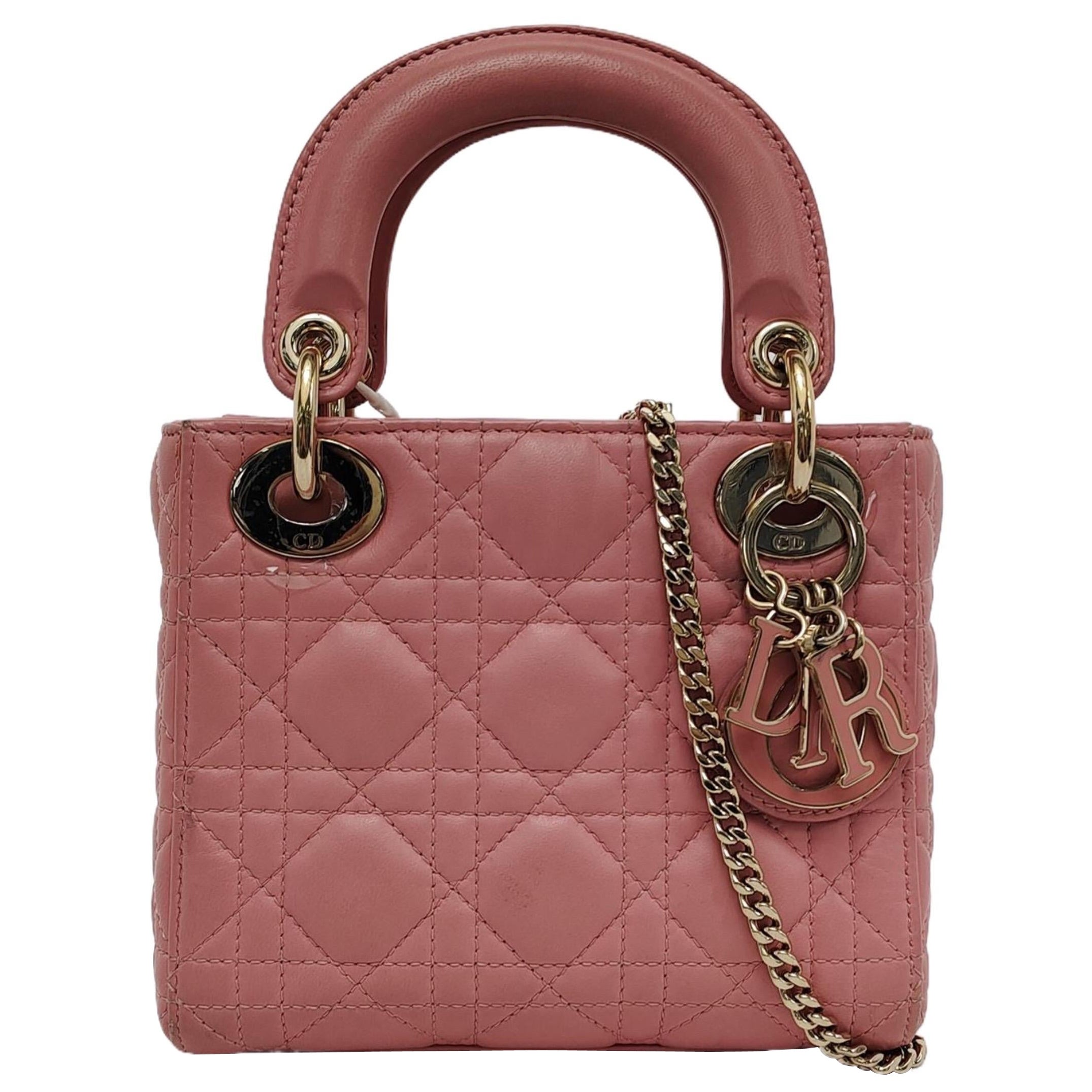 Lady Dior Mini Lipstick Pink Lambskin Leather Gold Hardware Chain Strap For Sale