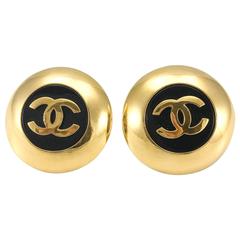 1989 Chanel Large Gold-Plated and Black Resin Round Logo Earrings