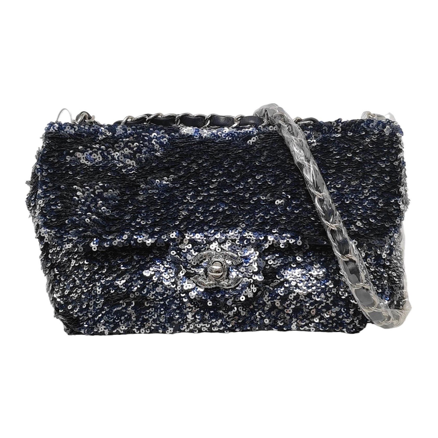 Chanel Paillette Flap Bag Rectangular Mini Glitter Sequins Navy and Silver For Sale