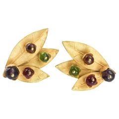 1980's Dominique Aurientis Gilt 'Leaf' Earrings With Colourful Resin Beads 1