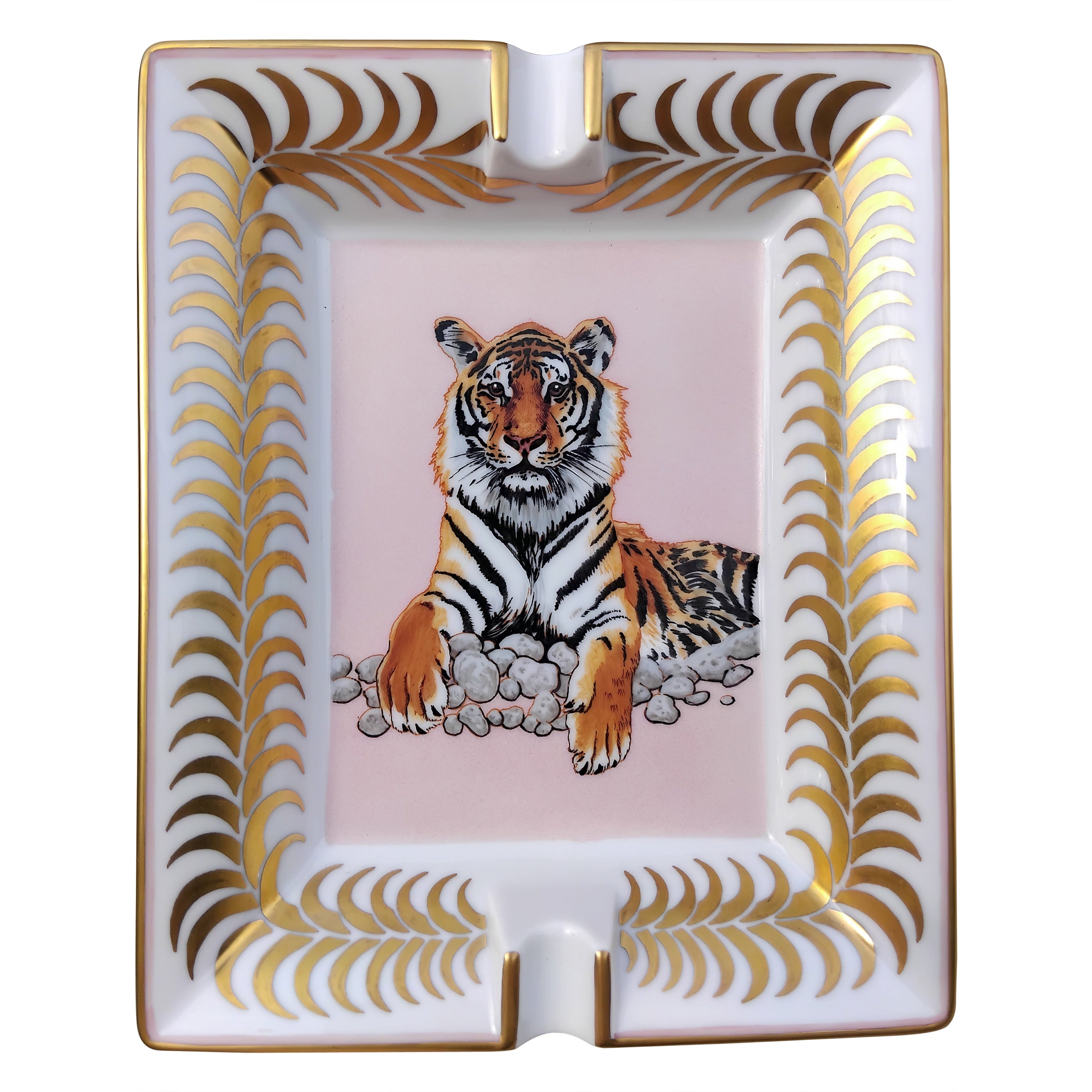 Hermès Tigre Royal Cigar Ashtray Porcelain Gold Royal Tiger en venta