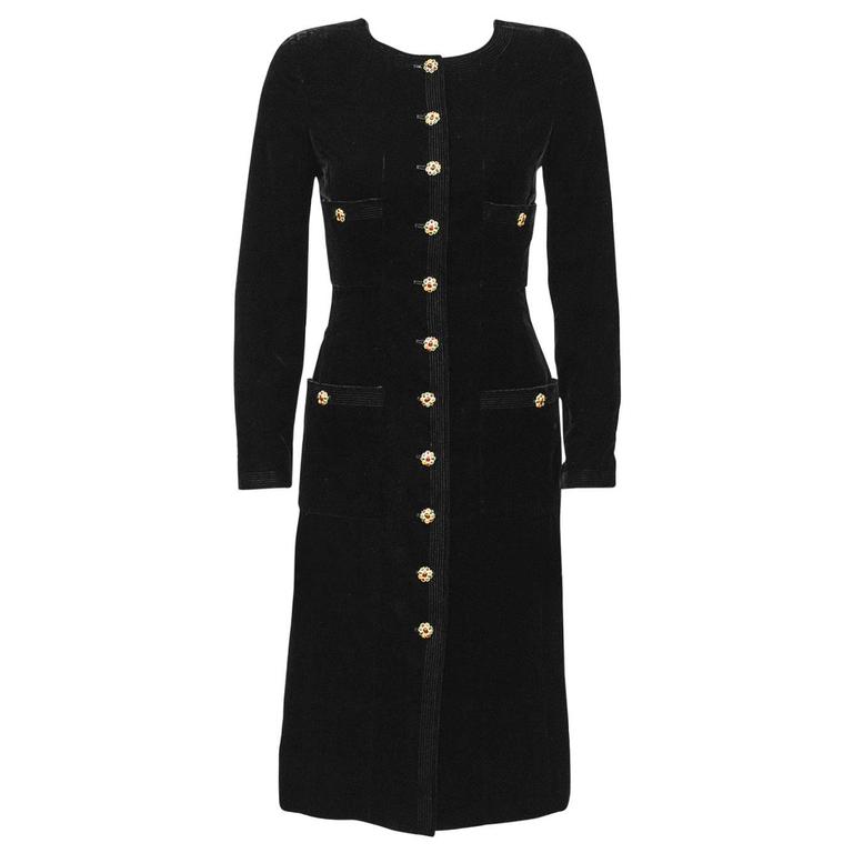 Autumn 1996 Black Velvet Chanel Dress with Poured Glass Buttons at 1stDibs