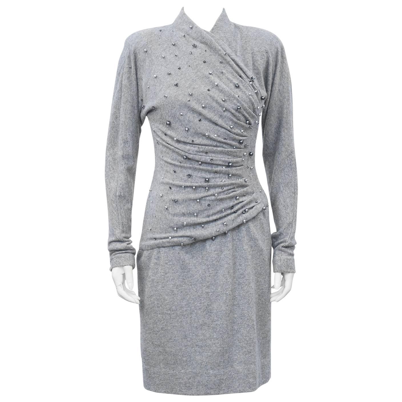 1980s Carolyne Roehm Grey Cashmere Dress 