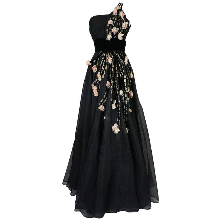 1940s Hand Painted and 3D Floral Detail Black Silk Organza Dress at 1stDibs