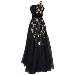 1940s Hand Painted 
3D Floral Detail Black Silk Organza Dress