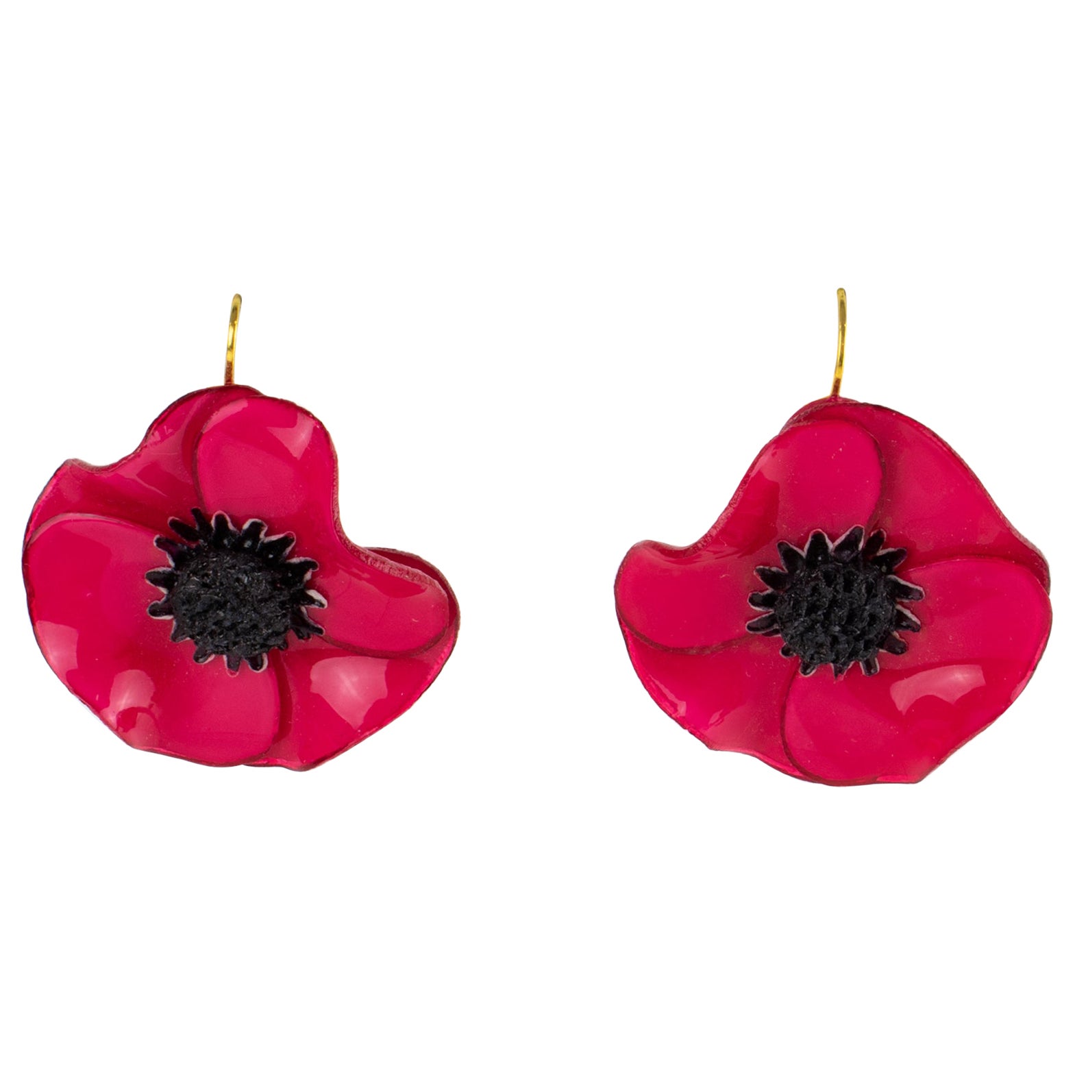Cilea Paris Dangle Resin Pierced Earrings Fuchsia Pink Poppy Flower For Sale