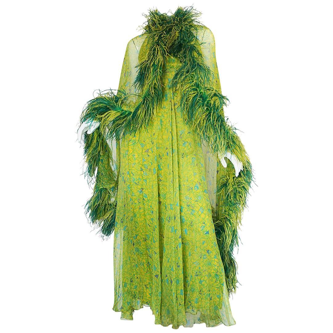 Spectacular 1970s Silk Chiffon Halter Dress & Feather Trim Cape