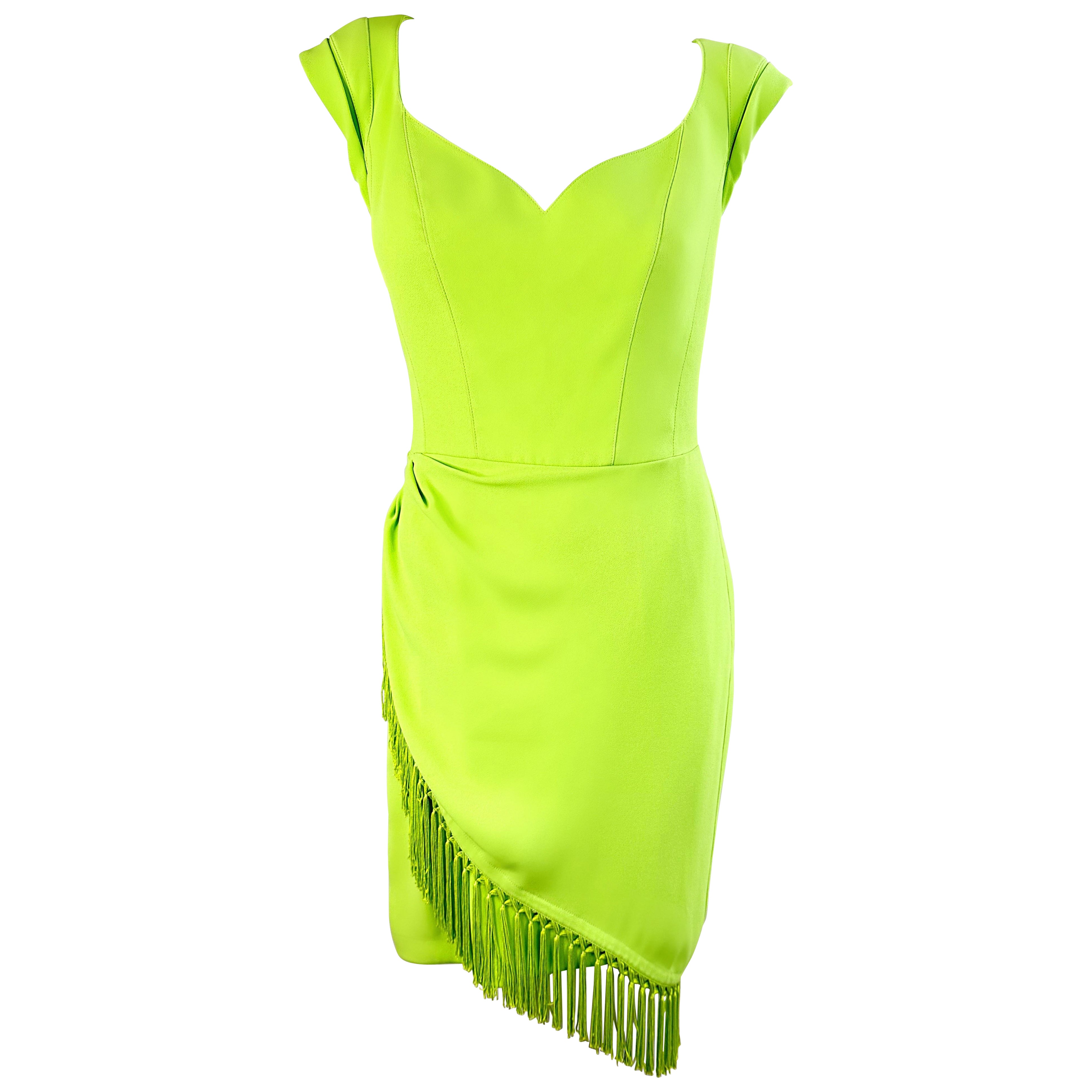 Vintage Thierry Mugler Spring/Summer 1997 Neon Green Fringe Rayon Dress 90s en vente
