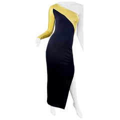 1980s Donna Karan New York Gold & Black One‑Shoulder Bodycon Stretch‑Wool Gown