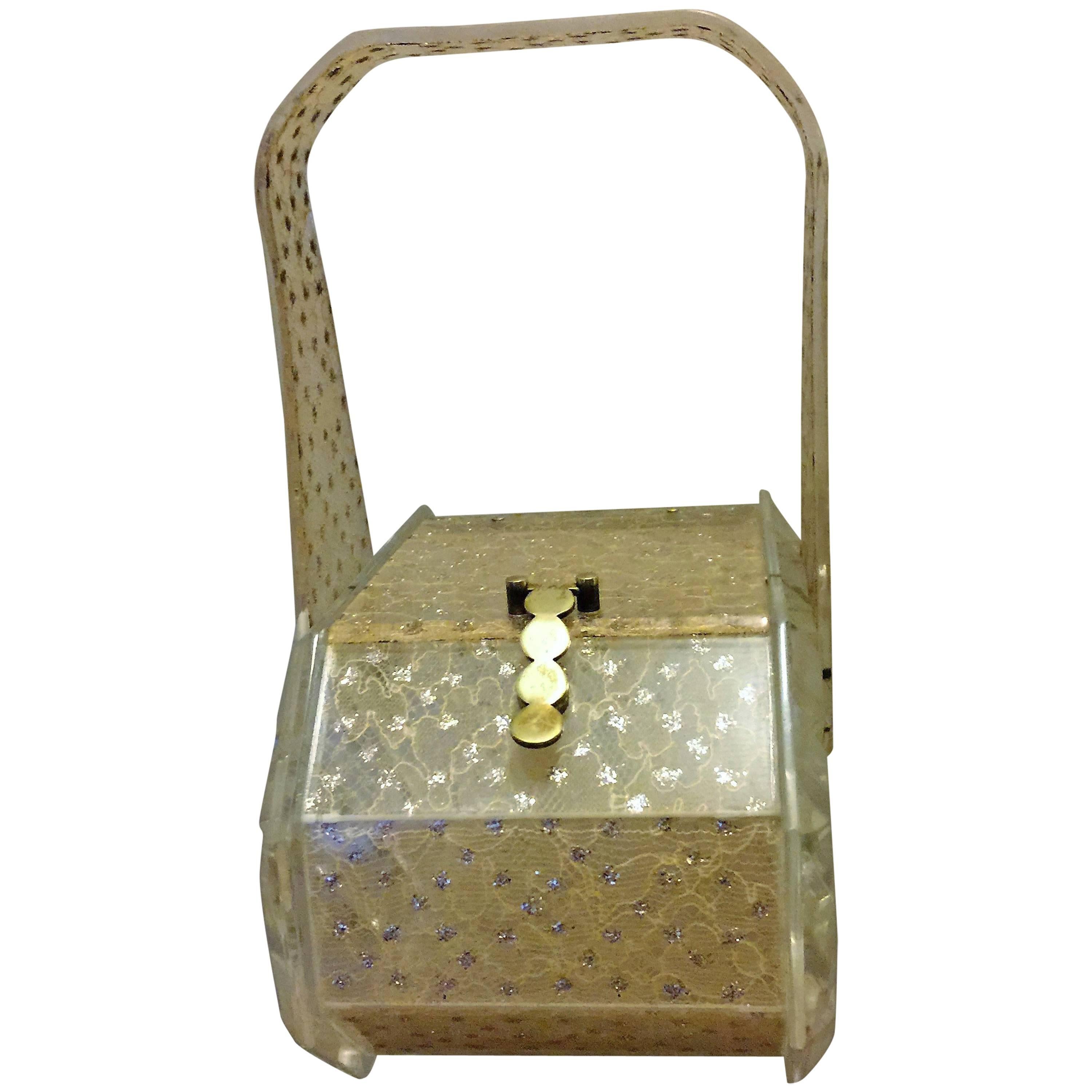 Interesting Octagonal Design Gold Lace And Carved Lucite Handbag For Sale
