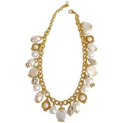 Francoise Montague Antique Chain and Glass Pearl Charm Necklace 6