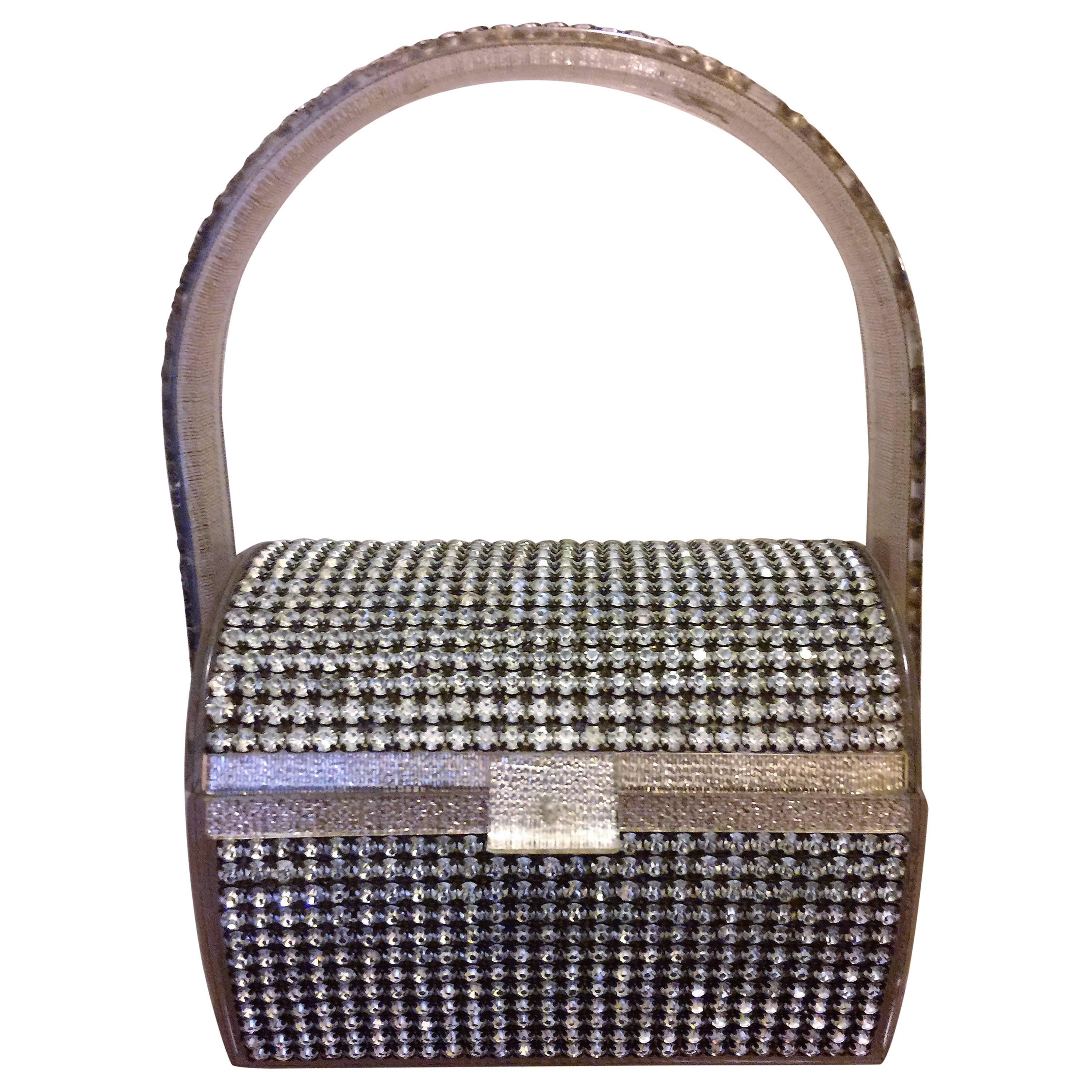 Stunning Wilardy Silver Lame Rhinestone Petite Lucite Handbag For Sale