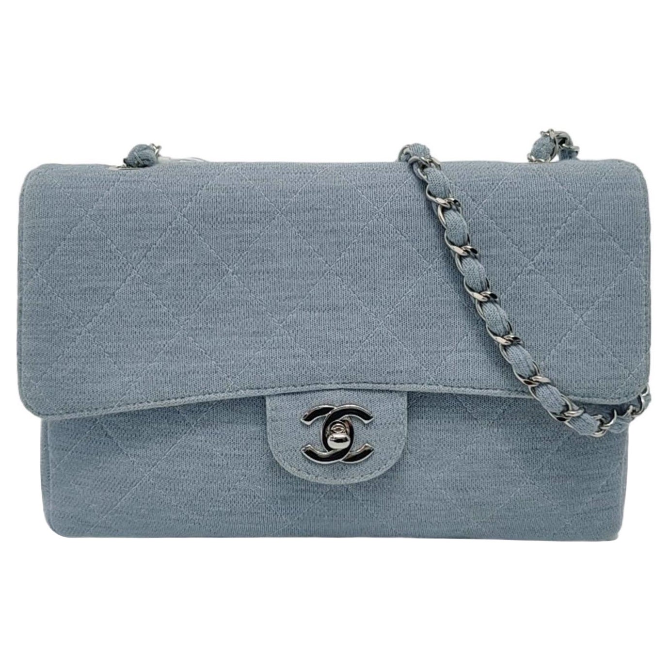 Chanel Classic Flap Medium Vintage Sky Blue Cotton Fabric Silver Hardware Single im Angebot