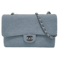 Chanel Classic Flap Medium Vintage Sky Blue Cotton Fabric Silver Hardware Single