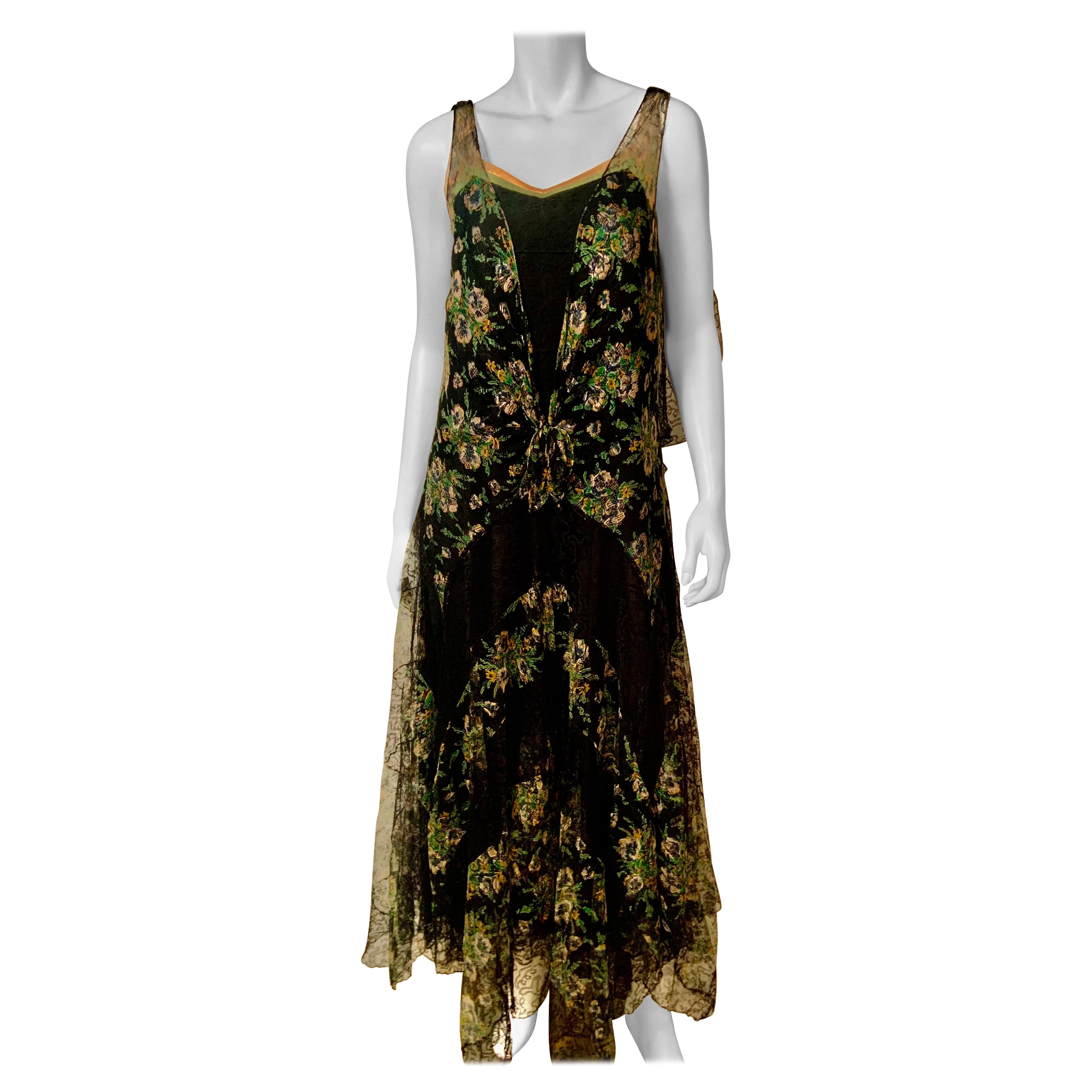 1930's Black and Pastel Lace Evening Dress  Rare Larger Size For Sale