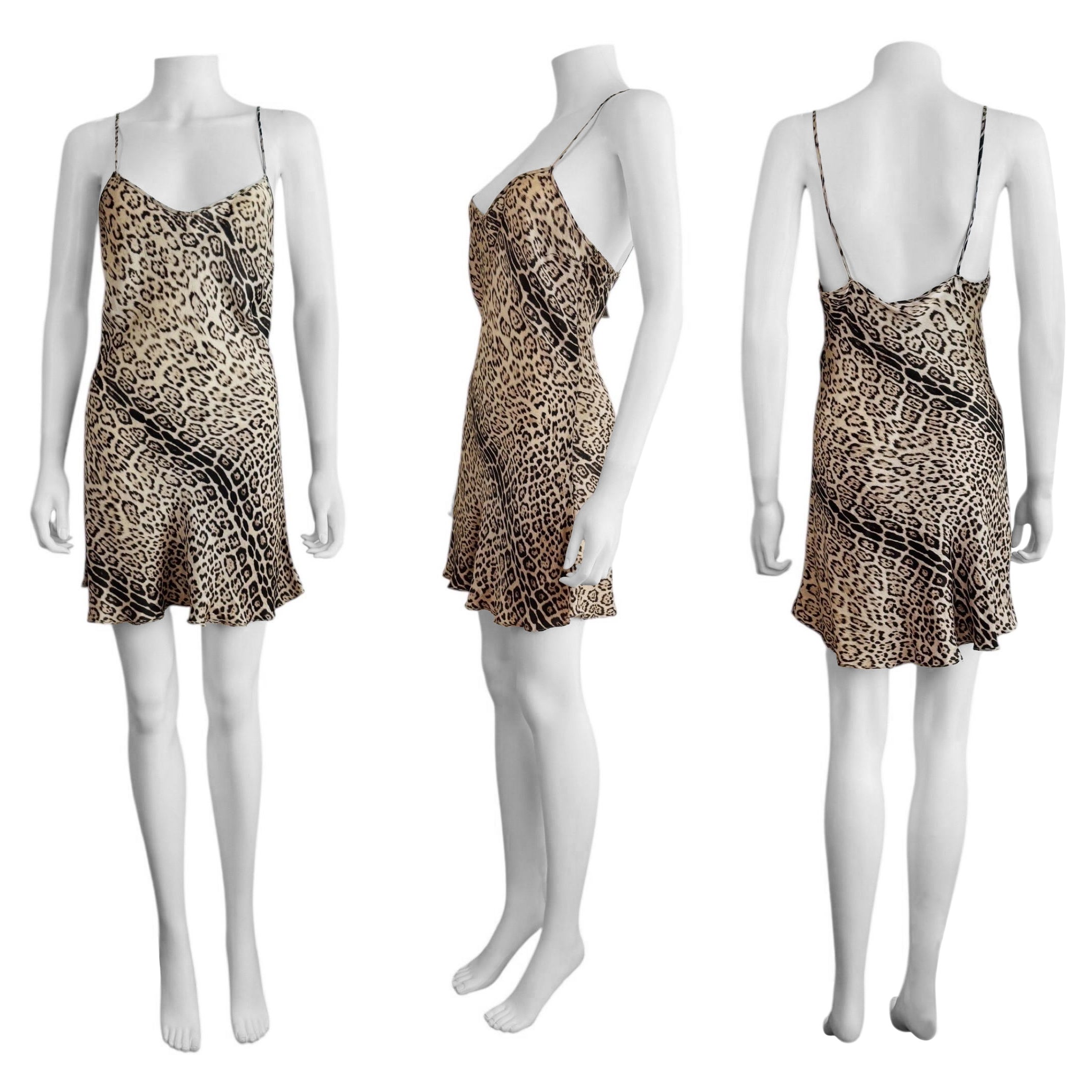 Vintage Early 2000s Roberto Cavalli Leopard Animal Print Silk Slip Mini Dress For Sale