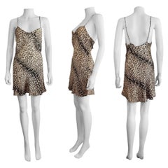 Vintage Early 2000s Roberto Cavalli Leopard Animal Print Silk Slip Mini Dress