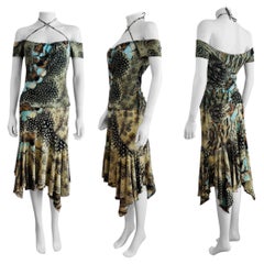Vintage S/S 2004 Y2K Roberto Cavalli Feather Print Halter Top Skirt Set Dress