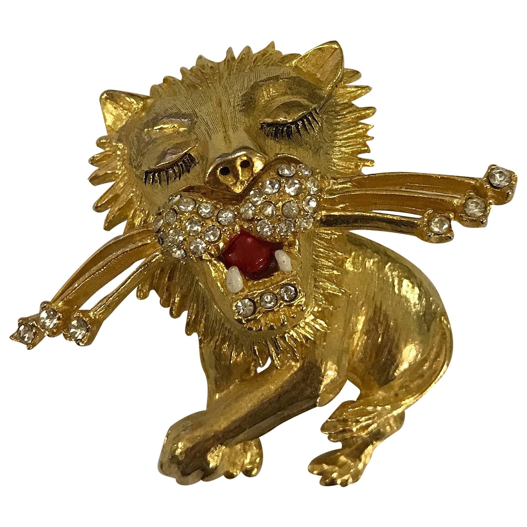 Vintage Gold and Rhinestone Lion Pin Brooch