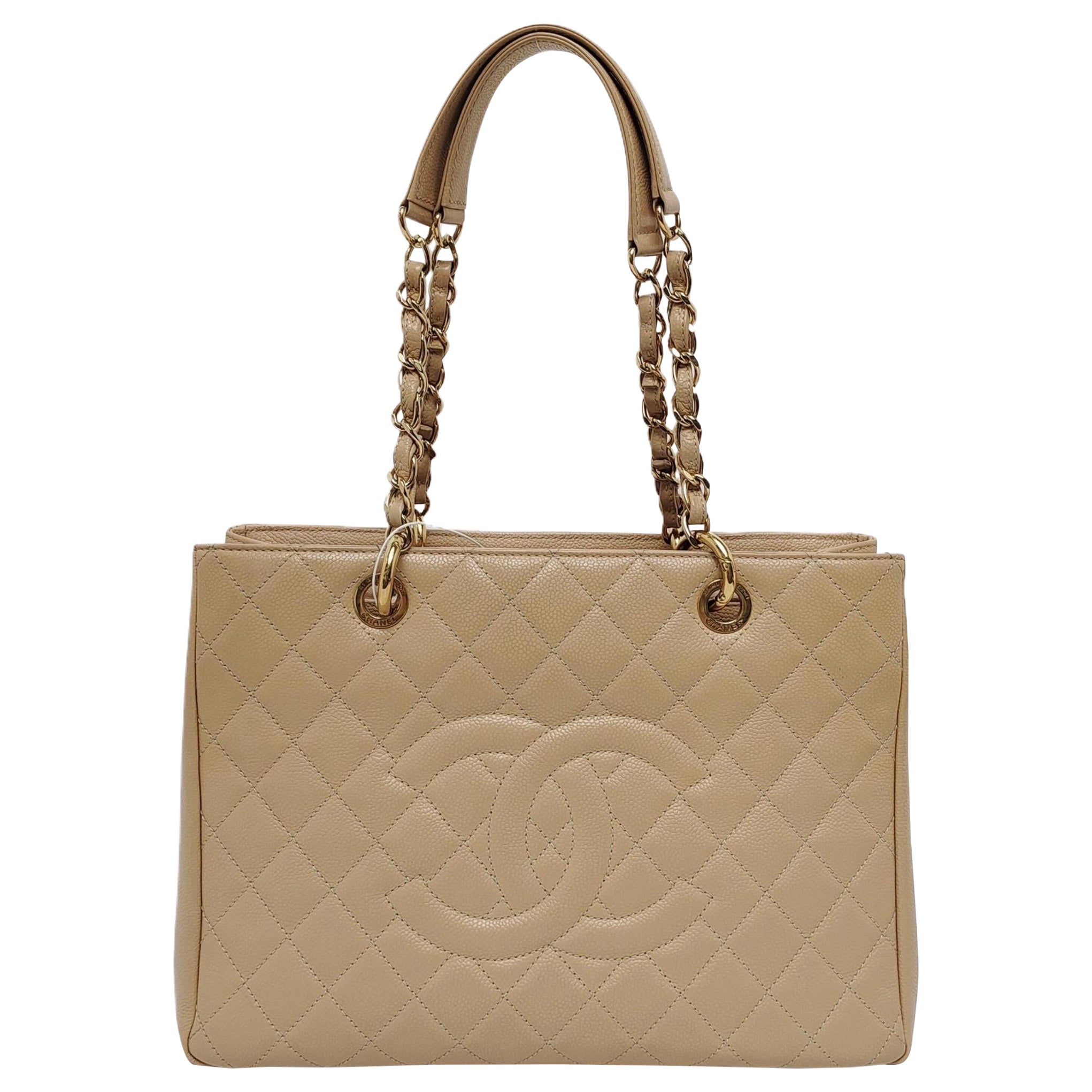 Chanel GST Grand Shopping Tote Beige Caviar Leather GM Gold Hardware For Sale