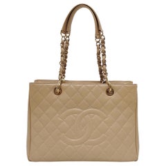 Chanel GST Grand Shopping Tote Beige Caviar Leather GM Gold Hardware
