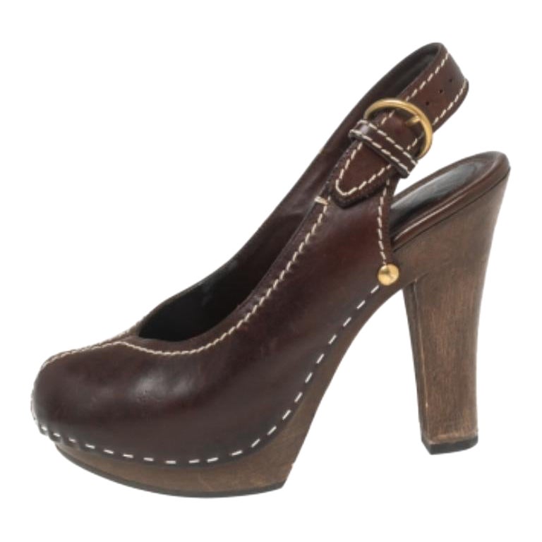 Saint Laurent Brown Leather Platform Slingback Sandals Size 36 For Sale