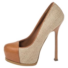 Saint Laurent Brown/Grey Canvas And Leather Platform Tribtoo  Pumps Size 37