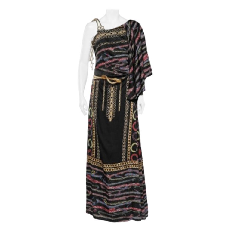 Cavalli Class Black Printed Satin Flared Sleeve Maxi Dress L For Sale