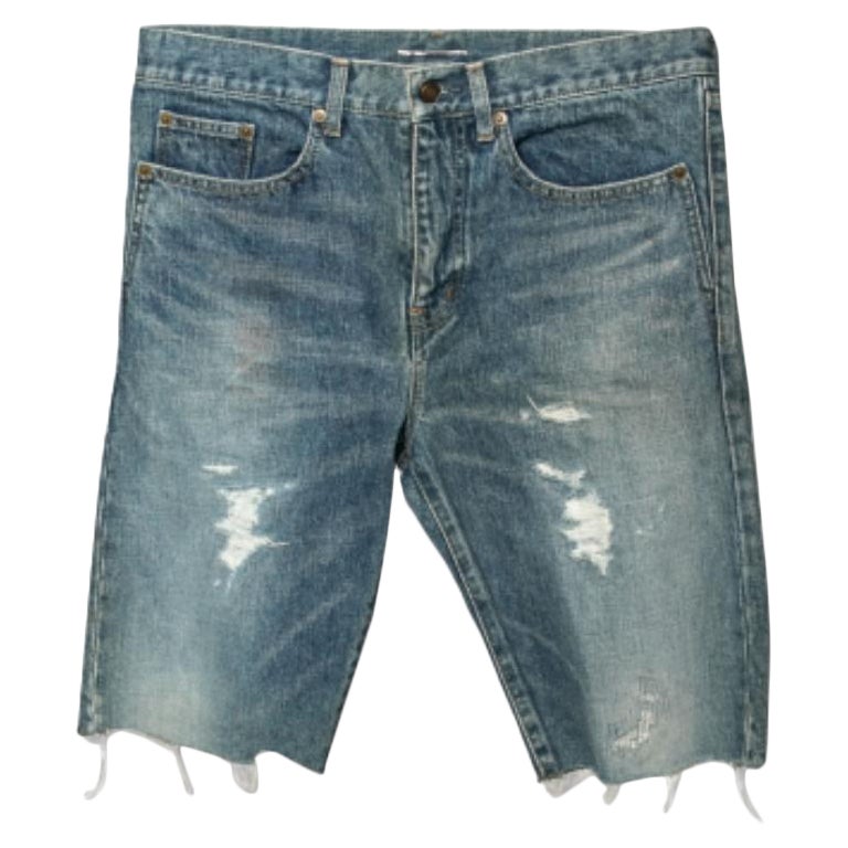 Saint Laurent Blue Distressed Denim Capri Shorts S For Sale